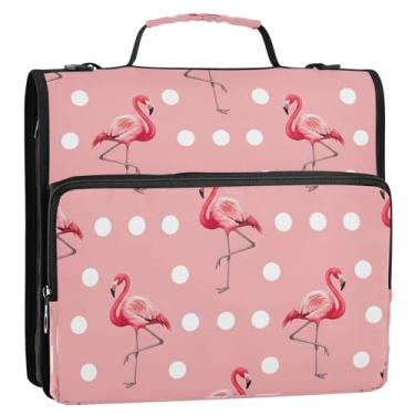 Imagem de Bolsa organizadora de fichário com zíper de bolinhas brancas flamingos rosa com alça de ombro, suporte de pasta de 3 anéis de 3 anéis para armazenamento de documentos escolares ou de escritório
