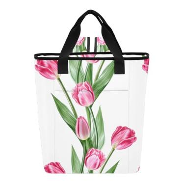 Imagem de Bolsa térmica para garrafa branca, tulipas rosas, folhas verdes, floral, 36 latas, bolsa térmica para mulheres e viagens