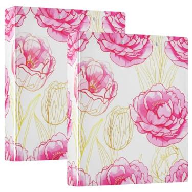 Imagem de 3 anéis personalizados de tulipas amarelas e flores de peônia rosa, fichários de 3 cm, comporta 200 folhas, 3 pastas de anel, impressão de anel redondo, fichário de apresentação, 31,5 x 27 x 6 cm, 1