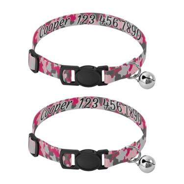 Imagem de Pacote com 2 tiras de pescoço rosa camufladas personalizadas para animais de estimação com nome e número de telefone, coleira de gato de encaixe seguro para gatinhos e animais de raças pequenas, serve