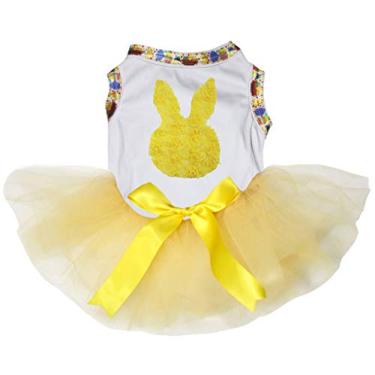Imagem de Petitebella Vestido de algodão branco com estampa floral e rosto de coelho (Tutu amarelo, pequeno)