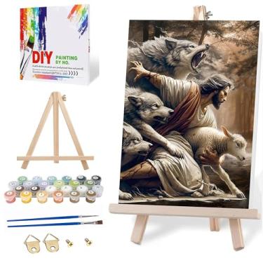 Imagem de Axquilon Kit de pintura emoldurada por números para adultos - Jesus kit de pintura por números com cavalete, kits de pintura a óleo fácil para adultos para decoração de parede de casa 20 x 30 cm