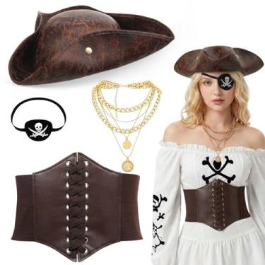 Imagem de Maiteenly 4 peças fantasia de pirata tricórnio marrom chapéu pirata espartilho cinto colar caveira e tapa-olhos para adultos mulheres homens cosplay e vestido (GG)