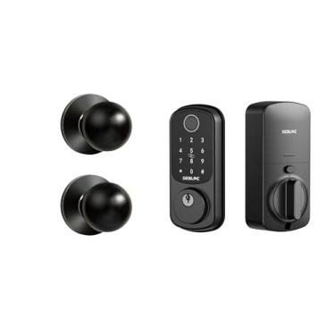 Imagem de DESLOC Trava inteligente de impressão digital B200 com maçaneta, conjunto de fechadura de porta frontal sem chave, fechadura de teclado eletrônico, controle de aplicativo, trava automática, bateria de