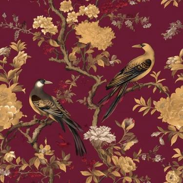 Imagem de ReWallpaper Papel de parede Borgonha Chinoiserie Descasque e cole papel de parede floral luxuoso preto e dourado com pássaros, autoadesivo, papel de contato floral removível para armários, prateleiras