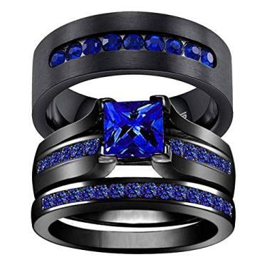Imagem de Anéis de Casal RingHeart Pretos Dourados Pretos Azul princesa Cz Aliança de Casamento Feminina de Aço de Titânio Aliança de Casamento Masculina Preto