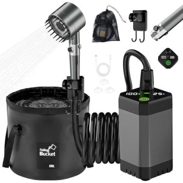 Imagem de dessports Kit de chuveiro portátil para acampamento - bomba de chuveiro com balde dobrável de 20L, bomba elétrica recarregável de 6000 mAh, cabeça de pulverizador filtrada para viagens ao ar livre