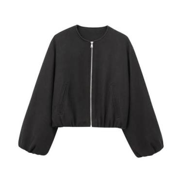 Imagem de Jaqueta Bomber Cropped Feminina Estilo Varsity Com Zíper Manga Longa V
