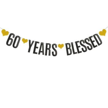 Imagem de Faixa 60 YEARS BLESSED, faixa de papel com glitter preto para suprimentos de decorações de festa de aniversário de 60 anos/casamento, pré-amarrado, sem necessidade de montagem, letras pretas
