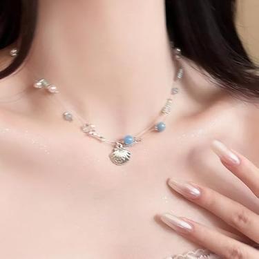 Imagem de 1 colar doce, de camada dupla, com tema do oceano com pérolas falsas, pedras naturais coloridas e acabamento de liga prateada, perfeito para uso diário ou férias na praia