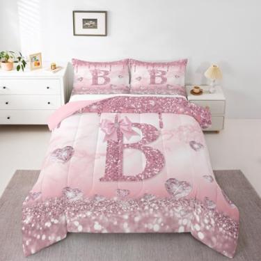 Imagem de Erosebridal Conjunto de edredom com laço rosa, fofo, inicial B, tamanho solteiro, com laço de glitter, letras do alfabeto, colcha para crianças, meninas, adolescentes, moda kawaii