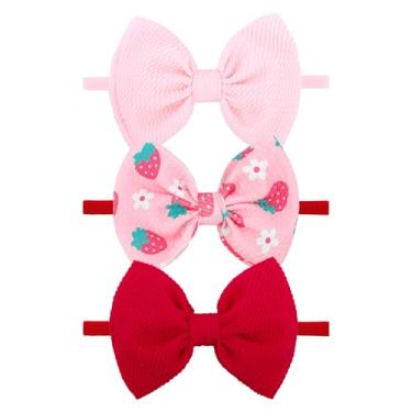 Imagem de Lanmerry 3 faixas de cabelo para bebês meninas, 11 cm, laços rosa, acessórios de cabelo de morango, roupas de verão para recém-nascidos e meninas