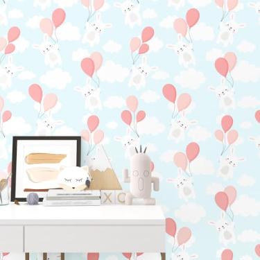 Imagem de Yullpaper Papel de parede de coelho de berçário divertido papel de parede removível azul para quarto de crianças quarto de bebê meninas casa de boneca papel de parede de vinil bonito papel de contato