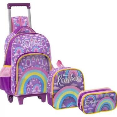 Imagem de Kit Mochila Rodinha Lancheira Escolar Infantil Menina Reforçada Rainbow ArcoIris Lilás...
