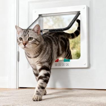 Imagem de Porta de gato para janelas tamanho externo 28 cm x 25 cm, porta para animais de estimação à prova de intempéries com trava de 4 vias, porta de aba de gato para portas interiores e exteriores, janela