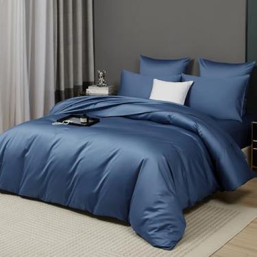 Imagem de YASMENG Conjunto de capa de edredom de cetim 100% algodão de fibra longa azul queen tamanho 3 peças de luxo 600 fios algodão puro orgânico durável qualidade hotel conjunto de cama macio sedoso cetim