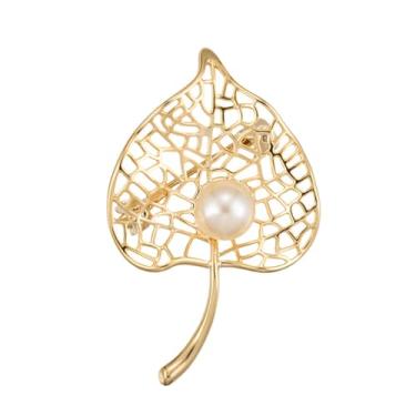 Imagem de Kokoma Broche de folha dourada com pérola, alfinete de lapela de folha de filigrana, distintivo de corsage, clipe de xale, alfinetes de segurança para mulheres, acessórios de moda joias