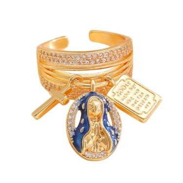 Imagem de Anel de declaração de Virgem Maria para mulheres, ajustável, cruz, fé, cristã, inspirador, versículos da Bíblia, anéis em camadas, ajuste confortável, pulseira de cristal delicada, joia religiosa