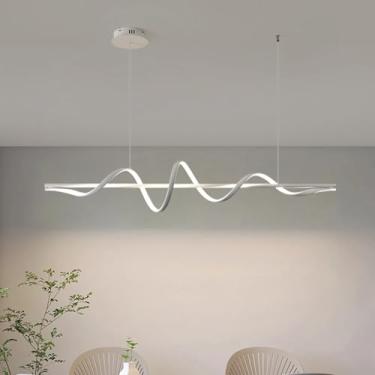 Imagem de Luminária pendente LED moderna para sala de jantar, com intensidade ajustável, controle remoto e formato ondulado. Ideal para mesa de jantar, ilha de cozinha e escritório. Cúpula branca com