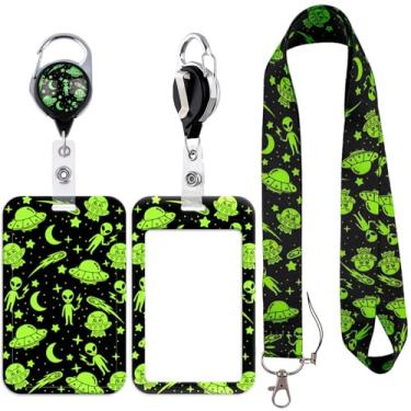 Imagem de Cordão alienígena para crachás de identificação, suporte de crachá com clipe de carretel retrátil para chaveiro com suporte de identidade, protetor de cartão de nome