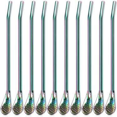 Imagem de ZJRDYYK 10 peças Bombilla Mate com filtro de cabeça de colher, canudos de colher reutilizáveis de aço inoxidável para erva-mate e chá de folhas soltas (multicoloridas)