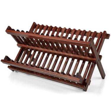 Imagem de VERTORGAN Escorredor de pratos de teca, organizador de pratos dobrável dobrável para cozinha, suporte dobrável para temperos para bancada e armário, organização e armazenamento de despensa