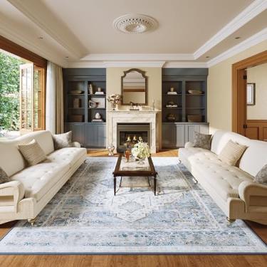 Imagem de Tapete vintage lavável 22 x 30,5 cm - Tapetes antiderrapantes antiderrapantes macios e grandes tapetes retrô para sala de estar, quarto, sala de jantar, escritório, decoração de casa, azul