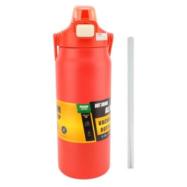 Imagem de plplaaoo Garrafa de água isolada com tampa de palha, 1500 ml, garrafa térmica de aço inoxidável a vácuo, para academia, fitness, aventuras, homens, mulheres (vermelho)