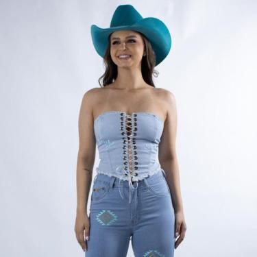 Imagem de Corselet Jeans Delavê Bordado Howdy Amarração Moda Country Elastano Mo