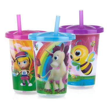 Imagem de Kit 3 Copos Infantil Decorados Com Canudo Tampa 300ml Desenhos - Nuby,