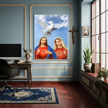 Imagem de Quadro Devoção Sagrados Corações de Jesus e Maria - 70x50cm