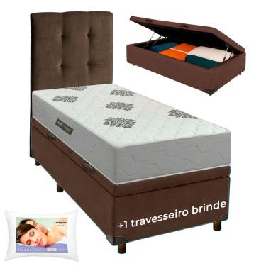 Imagem de Kit Cama Box Bau + Cabeceira + Colchão Solteiro ISO100 Confort Premium + Travesseiro Ortobom
