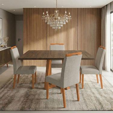 Imagem de Mesa Jantar Isabela 1,2m Freijó Pés Cerejeira 4 Cadeiras Heloísa Almofadada - Bege Linho