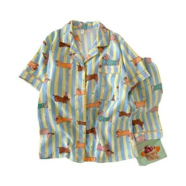 Imagem de Pijamas Com Estampa De Cachorro Kawaii Em Listras, Moda Y2K, Com Gola,