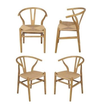 Imagem de Kit 4 Cadeiras de Jantar Wishbone em Madeira com Assento Rattan Bege