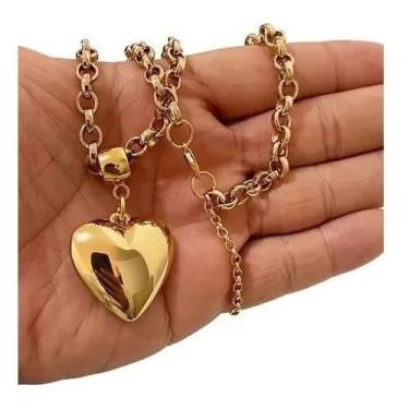 Imagem de Colar Choker Elo Português E Pingente Coração Folheado Ouro - VTACESSO