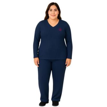 Imagem de Pijama Plus Size Elegance Malha Canelada Feminino Victory, 50, Marinho