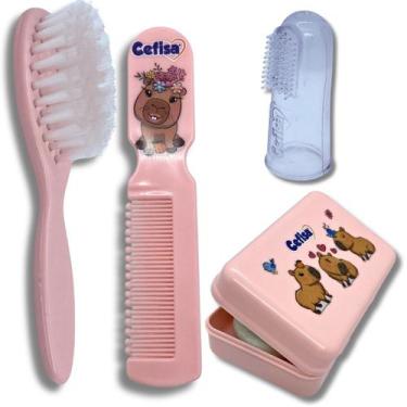 Imagem de Kit Banho Infantil Rosa Com Massageador Gengiva 4 Peças - Cefisa