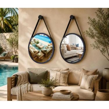 Imagem de Kit 2 Espelhos Redondo Decorativo Suspenso Alça 60cm + Suporte Preto A