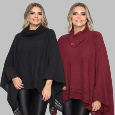 Imagem de Kit 2 Poncho Feminino Tricot Liso Gola Alta Casaco Lã Inverno - GIP, B