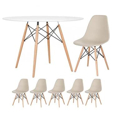 Imagem de Loft7, Kit - Mesa redonda Eames 120 cm branco + 5 cadeiras Eiffel Dsw Nude