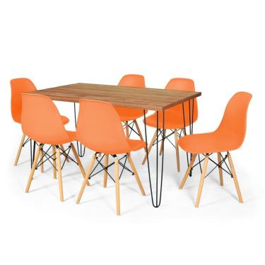 Imagem de Conjunto Mesa de Jantar Hairpin 130x80 Natural com 6 Cadeiras Eames Eiffel - Laranja