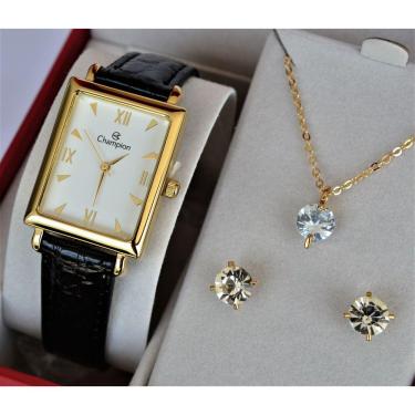 Imagem de Relogio Champion Quadrado Couro Visor Branco Ch20208w + Kit Semi Joia