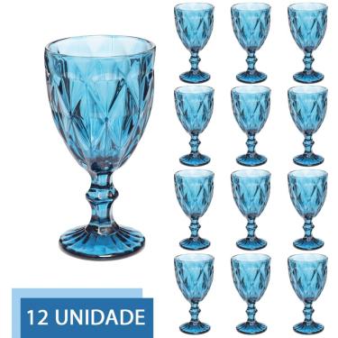 Imagem de Conjunto 12 Copos Azul Taças Diamante Para Agua Vinho 300ml