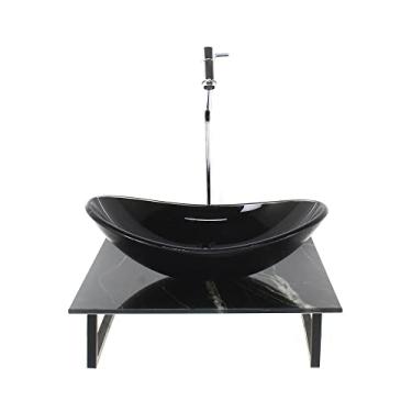 Imagem de KIT CUBA DE VIDRO OVAL 10MM COM TAMPO DE VIDRO 40CM X 40CM MÁRMORE PRETO E SUPORTE TORNEIRA VALVULA