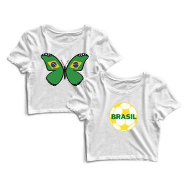 Imagem de Kit 2 Blusas Blusinha Cropped Tshirt Camiseta Feminina Brasil Borbolet