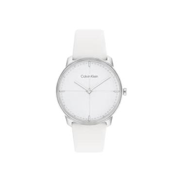 Imagem de Calvin Klein Relógio unissex com caixa de aço inoxidável de quartzo e pulseira de couro, cor: branco (modelo: 25200161), Branco