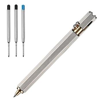 Imagem de Lary Caneta esferográfica superior Bolt Action com seis bordas de aço inoxidável barril de latão deslizante frontal EDC com 3 refis extras na caixa (LA004)