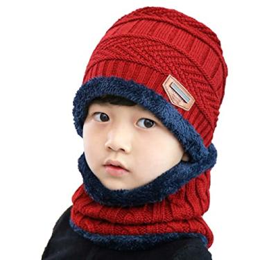 Imagem de Yajun Conjunto de cachecol de chapéu de lã masculino feminino inverno veludo elástico bonés de malha ao ar livre proteção de pescoço quente respirável gorro de esqui, infantil-vermelho