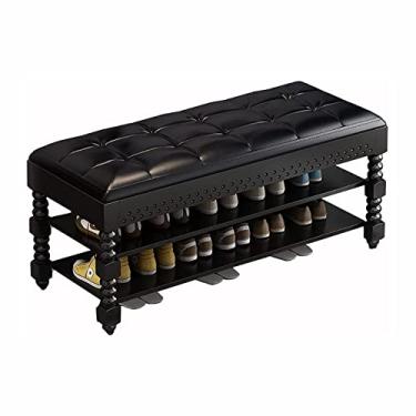 Imagem de Banco de armazenamento, madeira maciça 3 camadas vintage sapateira banco de armazenamento otomano com almofada de assento acolchoada para hall de entrada sala de estar preto /1418 (Color : Onecolor,